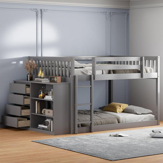 Full over Full Bunk Bed with 4 Drawers and 3 Shelves-Gray