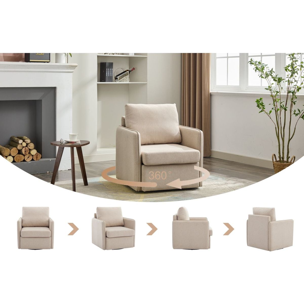 Swivel Accent Chair, Comfy single Sofa chair with storage, Modern arm chair for Living Room, Fabric Swivel Armchair with Metal Base (Beige)