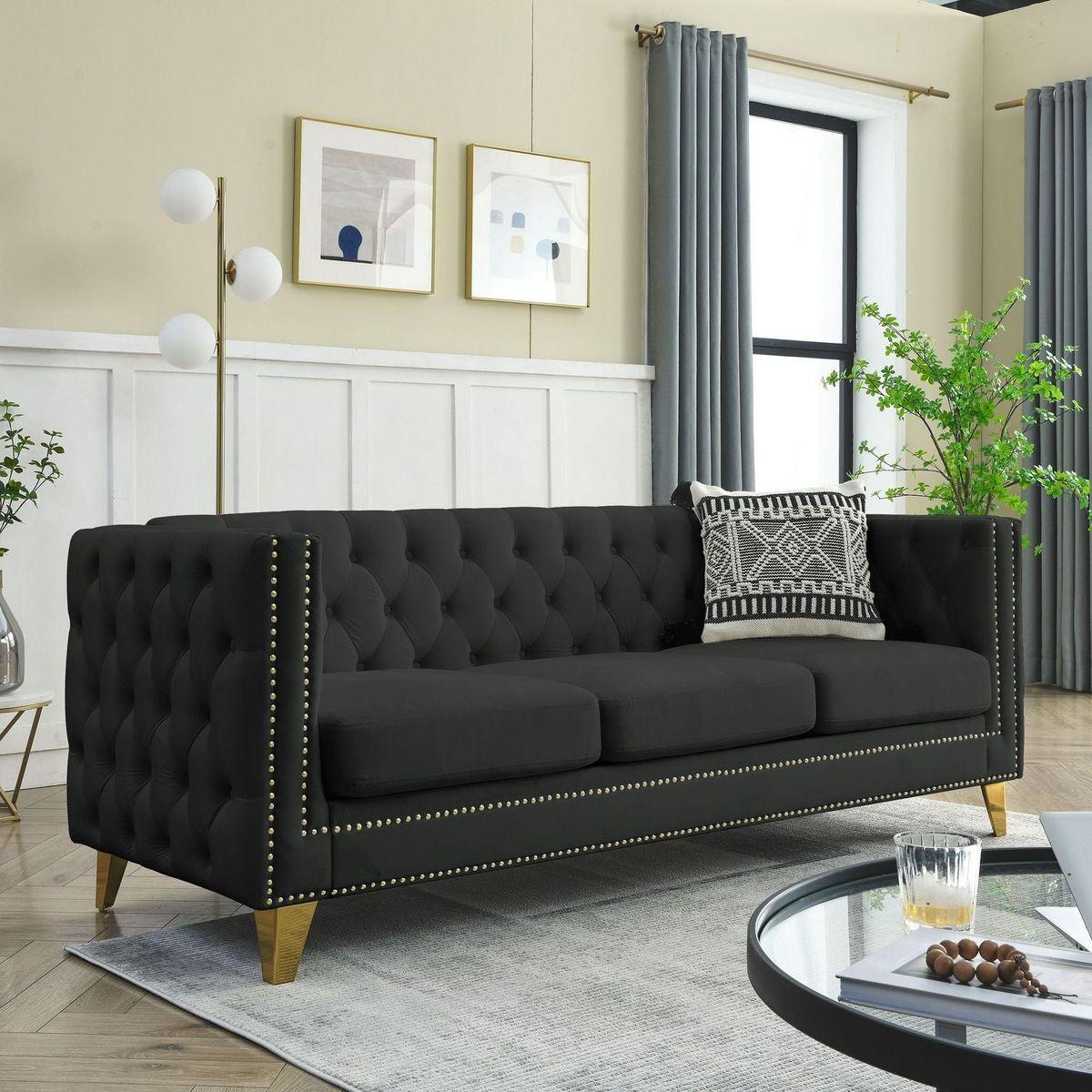 Velvet Sofa for Living Room,Buttons Tufted Square Arm Couch, Modern Couch Upholstered Button and Metal Legs, Sofa Couch for Bedroom, Black Velvet, 2PCS