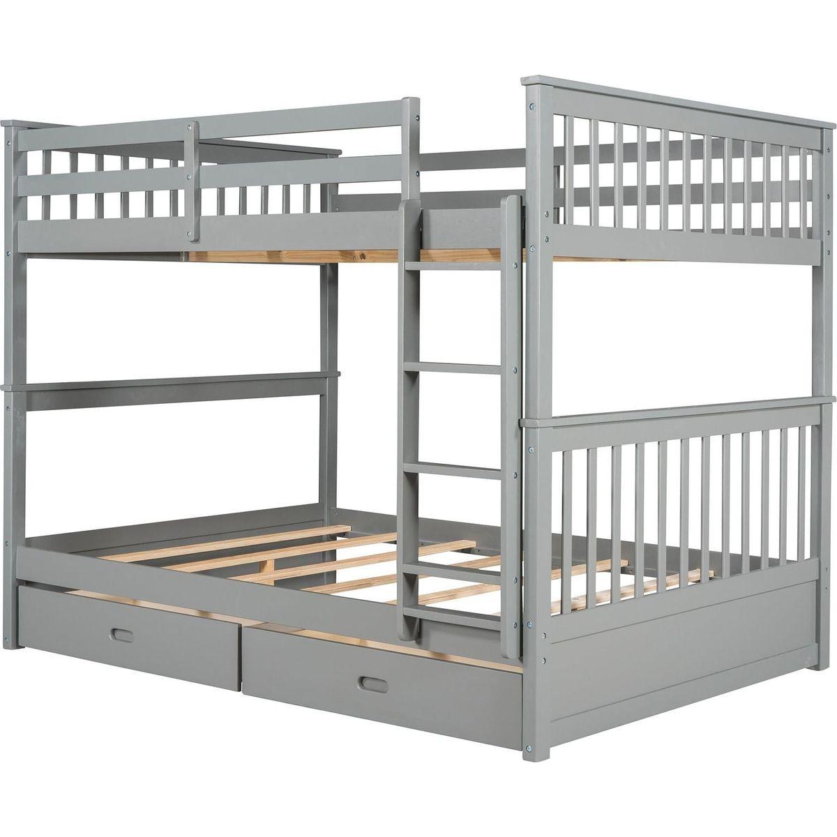 Full-Over-Full Bunk Bed with Ladders and Two Storage Drawers (Gray)