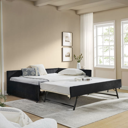 Full Size Daybed with Trundle Upholstered Tufted Sofa Bed, Sofa Bed Frame with Comfortable Backrest and Armrests, Velvet, Black(79.5''x58''x25'')