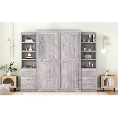 Full Size Murphy Bed with Storage Shelves and Drawers, Gray