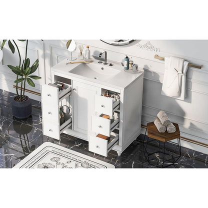 Contemporary White Bathroom Vanity Cabinet - 36x18x34 inches, 4 Drawers & 1 Cabinet Door, Multipurpose Storage, Resin Integrated Sink, Adjustable Shelves, Solid Wood Frame with MDF