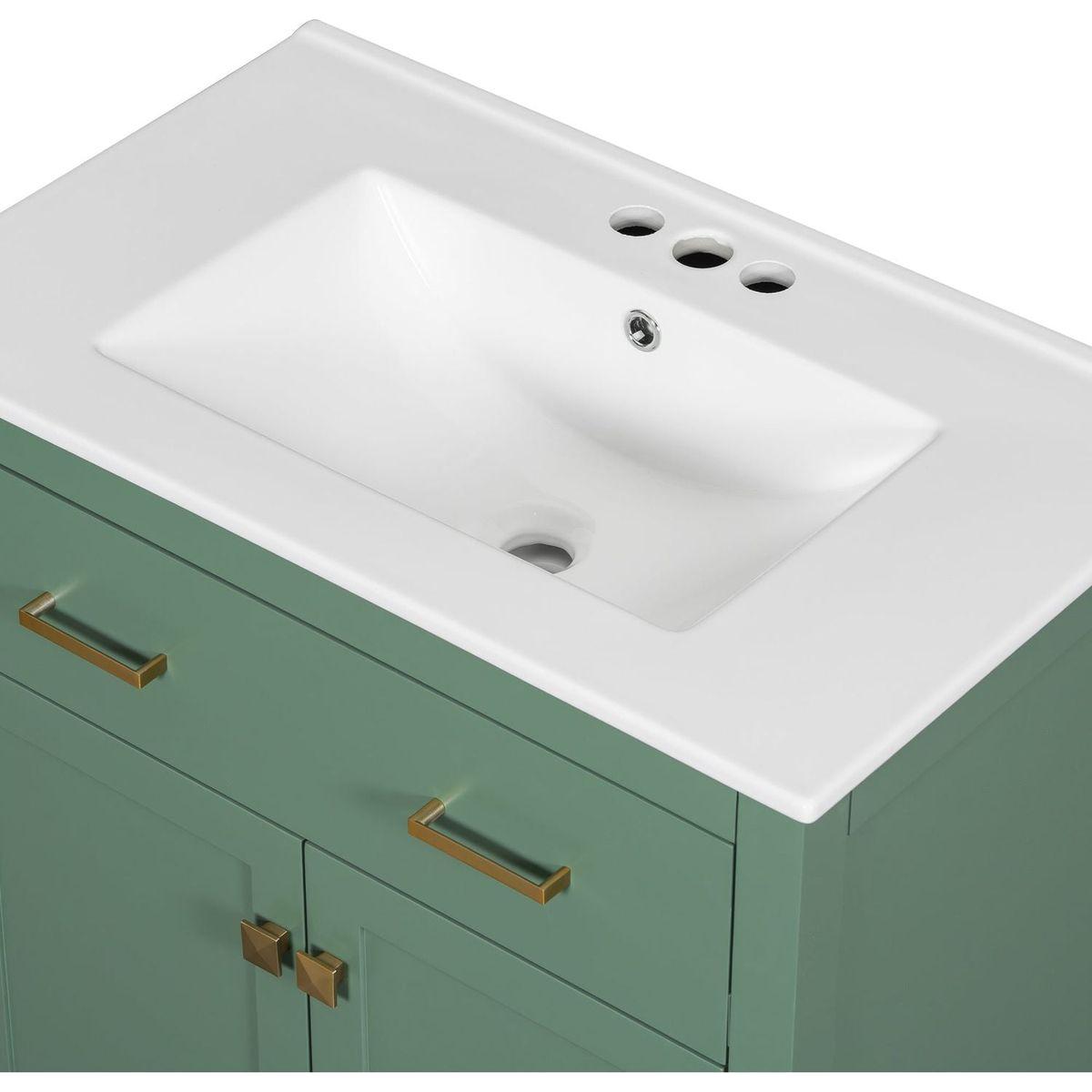 30-inch Bathroom Vanity with Ceramic Sink, Modern Green Single Bathroom Cabinet with 2 Doors and a Shelf, Soft Close Doors