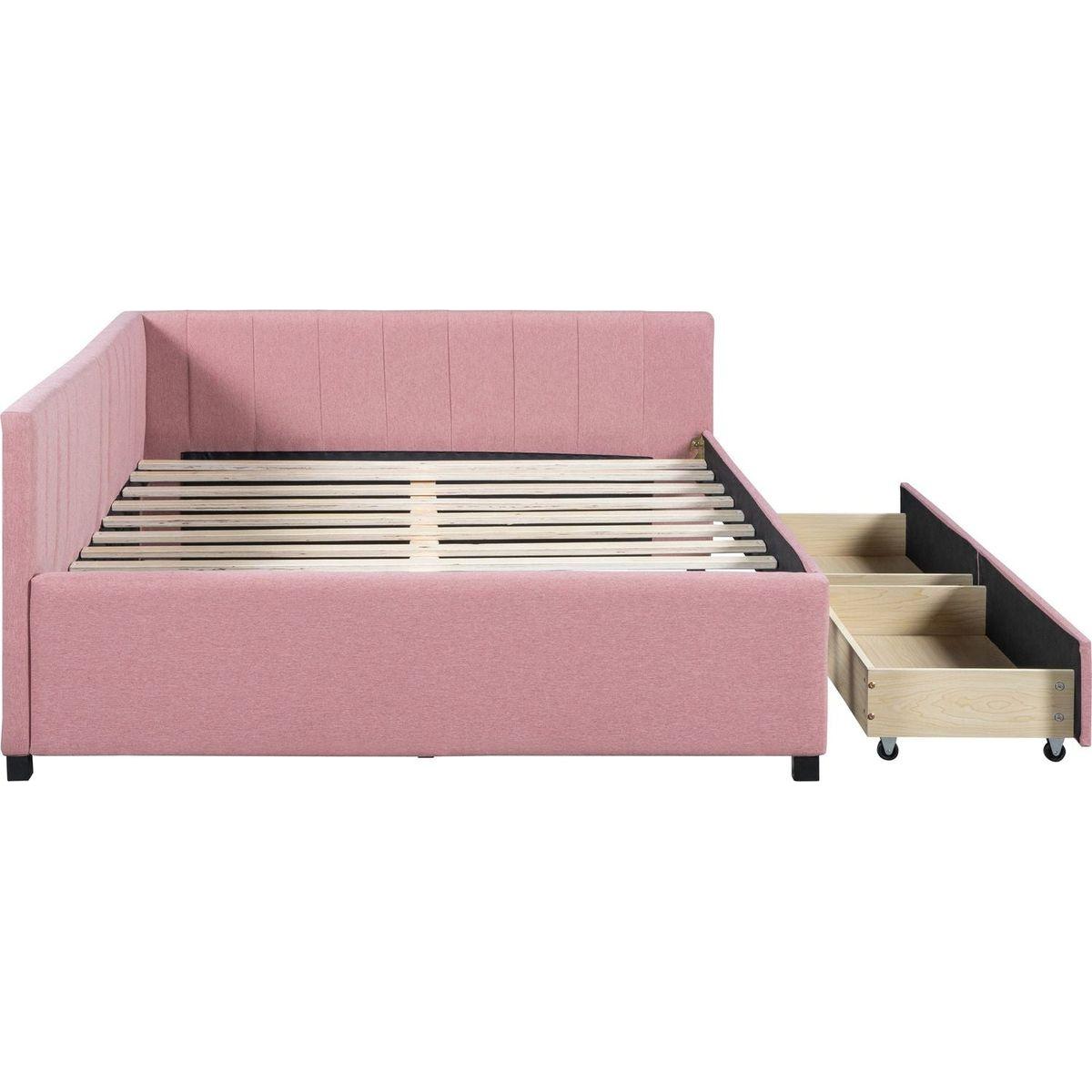 Full Size Upholstered Daybed with 2 Storage Drawers Sofa Bed Frame No Box Spring Needed, Linen Fabric (Pink)
