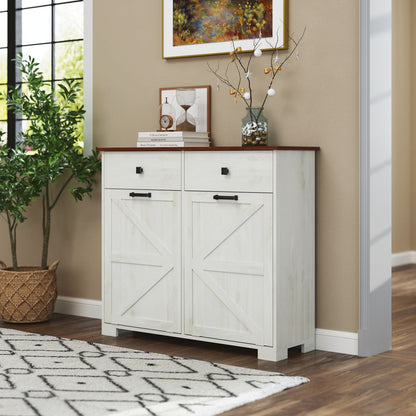 Farmhouse Double Tilt Out Trash Cabinet for 20 Gallon Trash Cans, Free Standing Recycling Cabinet with Hideaway Drawer, Barn Door Style Laundry Sorter Cabinet, Tilt Out Trash Cabinet for Kitchen