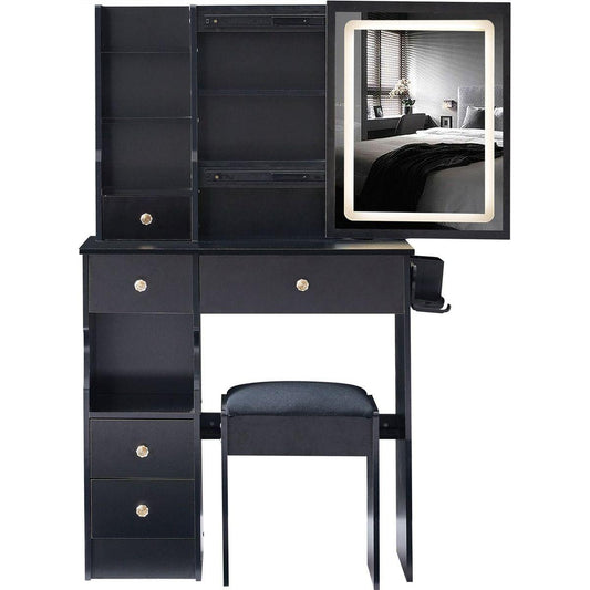 Small Size Left Drawer Desktop Vanity Table + Cushioned Stool, 2 AC+2 USB Power Station, Hair dryer bracket, Extra Large Touch Control Sliding LED Mirror, Tri-color Switching, EPA,GCC,UL Certificate