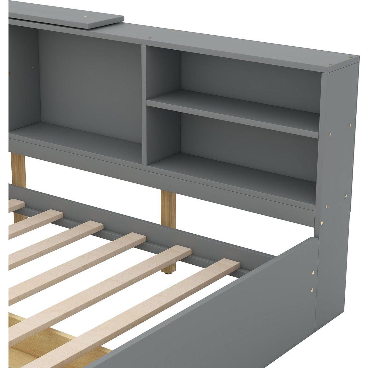 Wood Twin Size platform bed with Storage Headboard, Shelves and 2 Drawers, Gray
