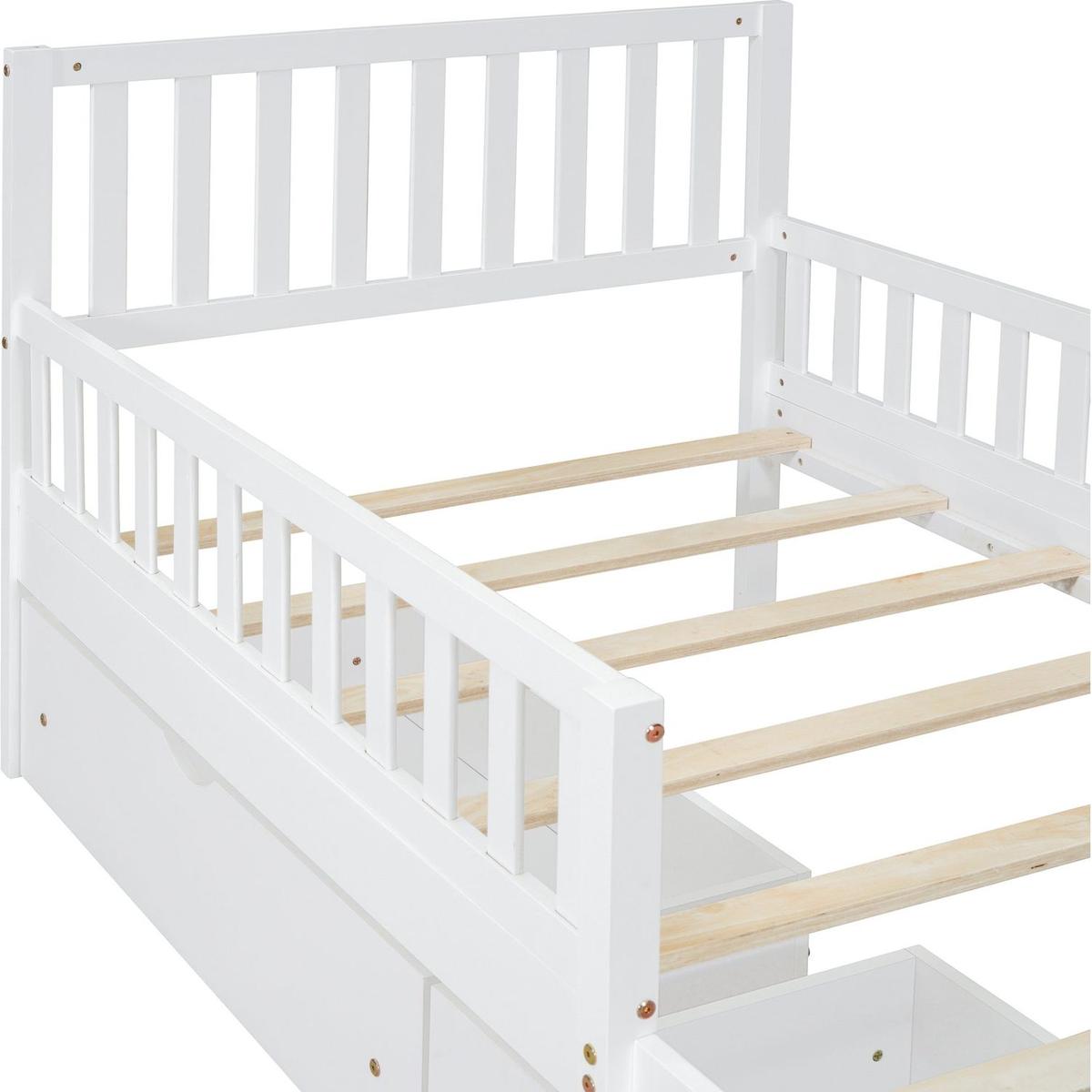 Twin Size Wood Platform Bed with Guardrails on Both Sides and Two Storage Drawers, White