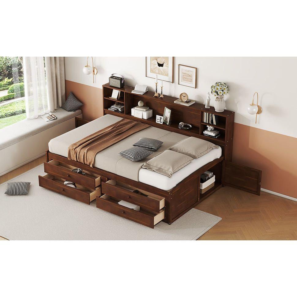 Full Size Wooden Captain Bed with Built-in Storage Shelves, 4 Drawers and 2 Cabinets, Antique Brown
