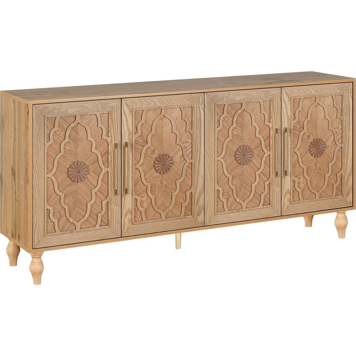 Carved Flower Door Large Storage Cabinet With Metal Handle Suitable For Living Room, Kitchen, Entryway(NATURAL WOOD) - Streamdale Furniture