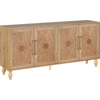 Carved Flower Door Large Storage Cabinet With Metal Handle Suitable For Living Room, Kitchen, Entryway(NATURAL WOOD) - Streamdale Furniture