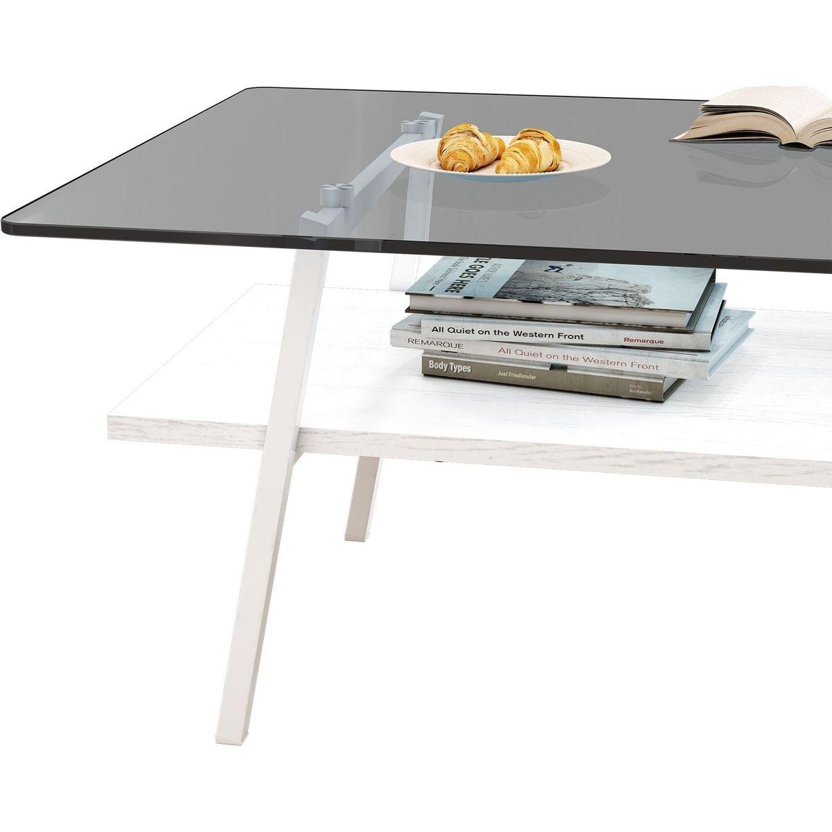 Rectangle Coffee Table, Tempered Glass Tabletop with White Metal Legs, Modern Table for Living Room, Gray Glass