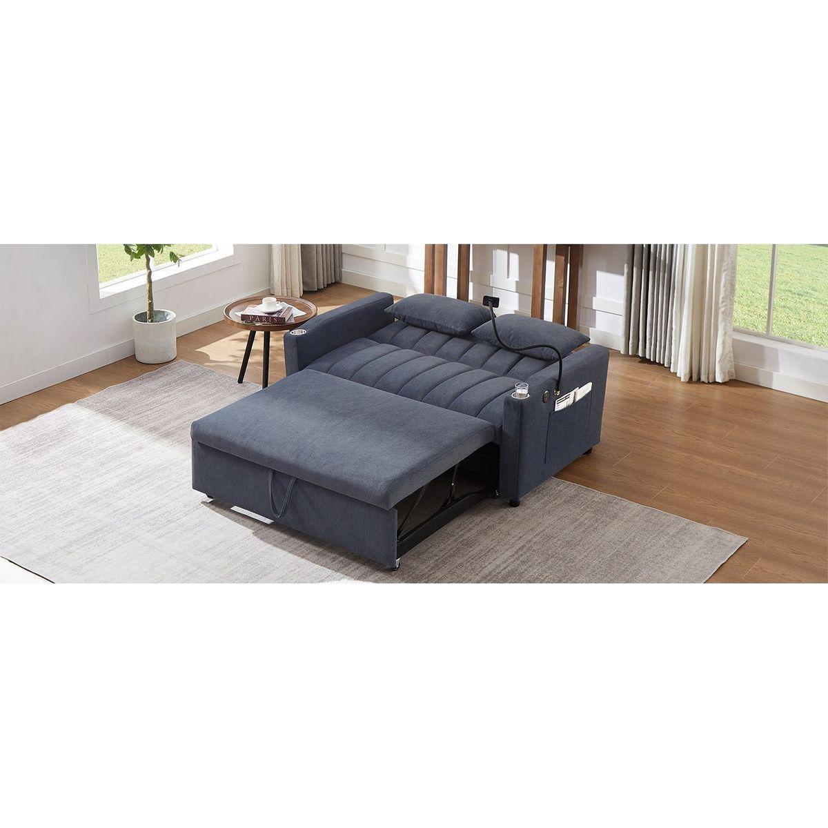 55.9" Convertible Sofa Bed Loveseat Sofa with Three USB Ports, Two Side Pockets, Two Cup Holders and 360Swivel Phone Holder for Living Room, Blue Grey