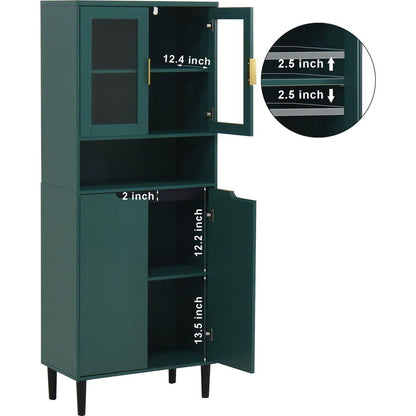 Tall Storage Show Cabinet with 2 Glass Display Door & 2 Doors, Tall Kitchen Pantry Cabinet with Gold Handles, Modern Cabinet Freestanding for Bathroom, Dining Living Room, Green