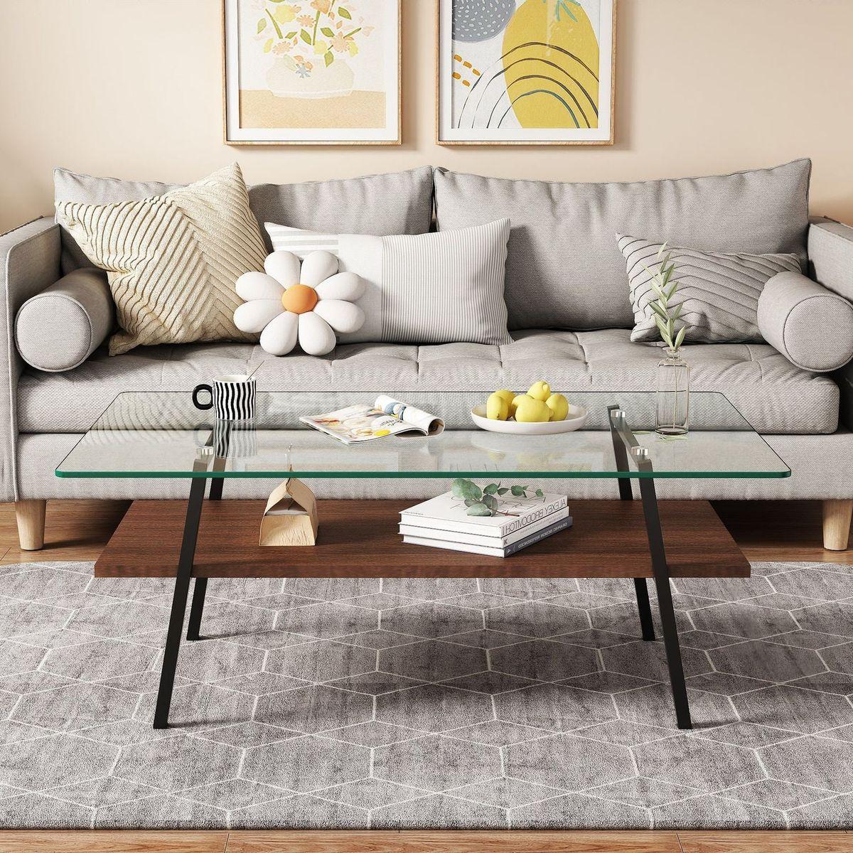 Rectangle Coffee Table, Tempered Glass Tabletop with Black Metal Legs, Modern Table for Living Room, Transparent Glass