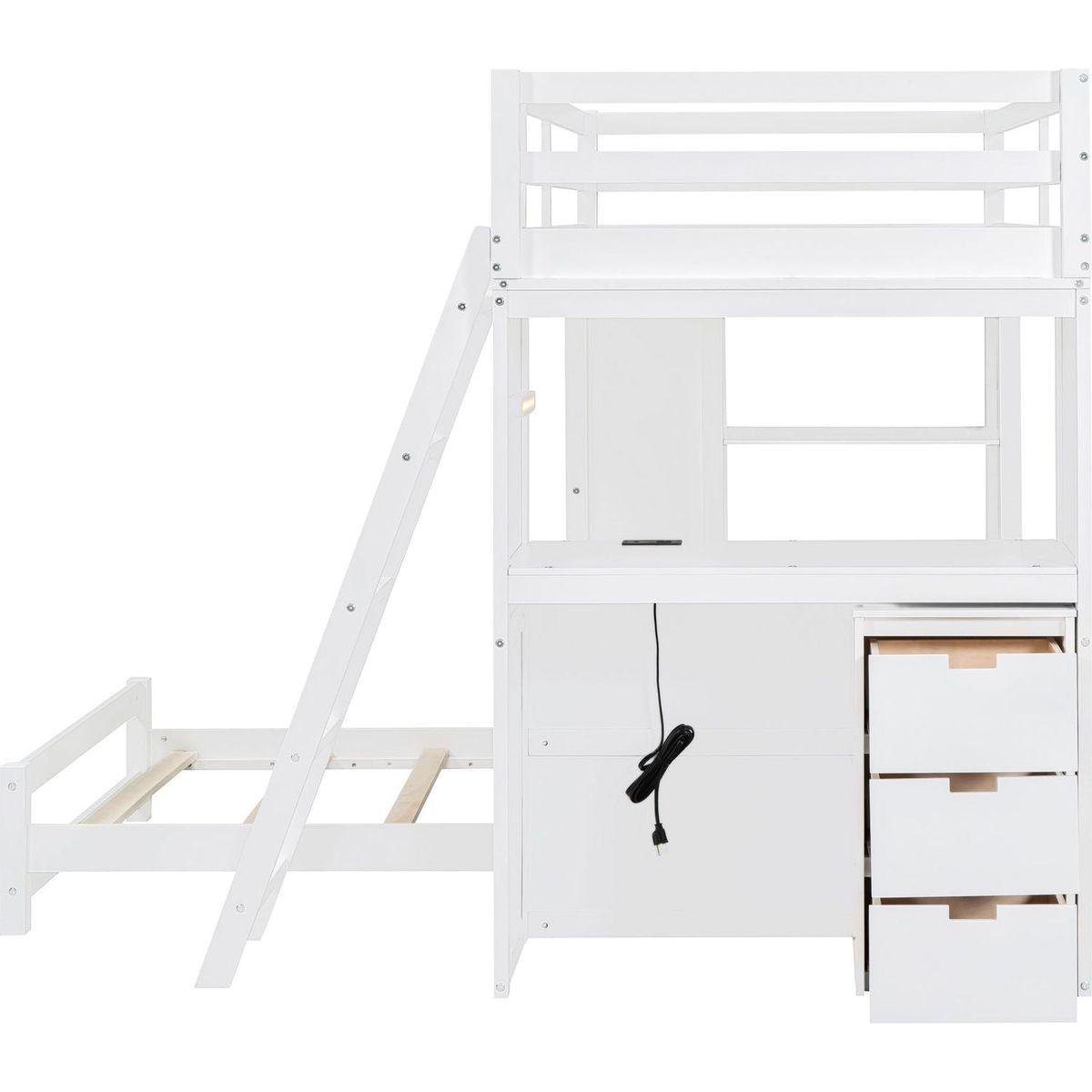 Twin over Twin Bunk Bed with LED Light and USB Ports, White