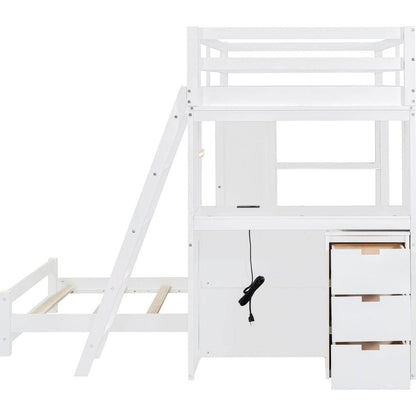Twin over Twin Bunk Bed with LED Light and USB Ports, White