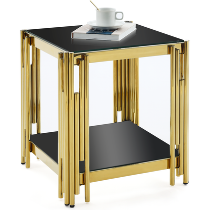 Woker Furniture 20" Wide Square End Table with Black Glass Top, Golden Stainless Steel Tempered Glass End Table for Living Room&Bed Room
