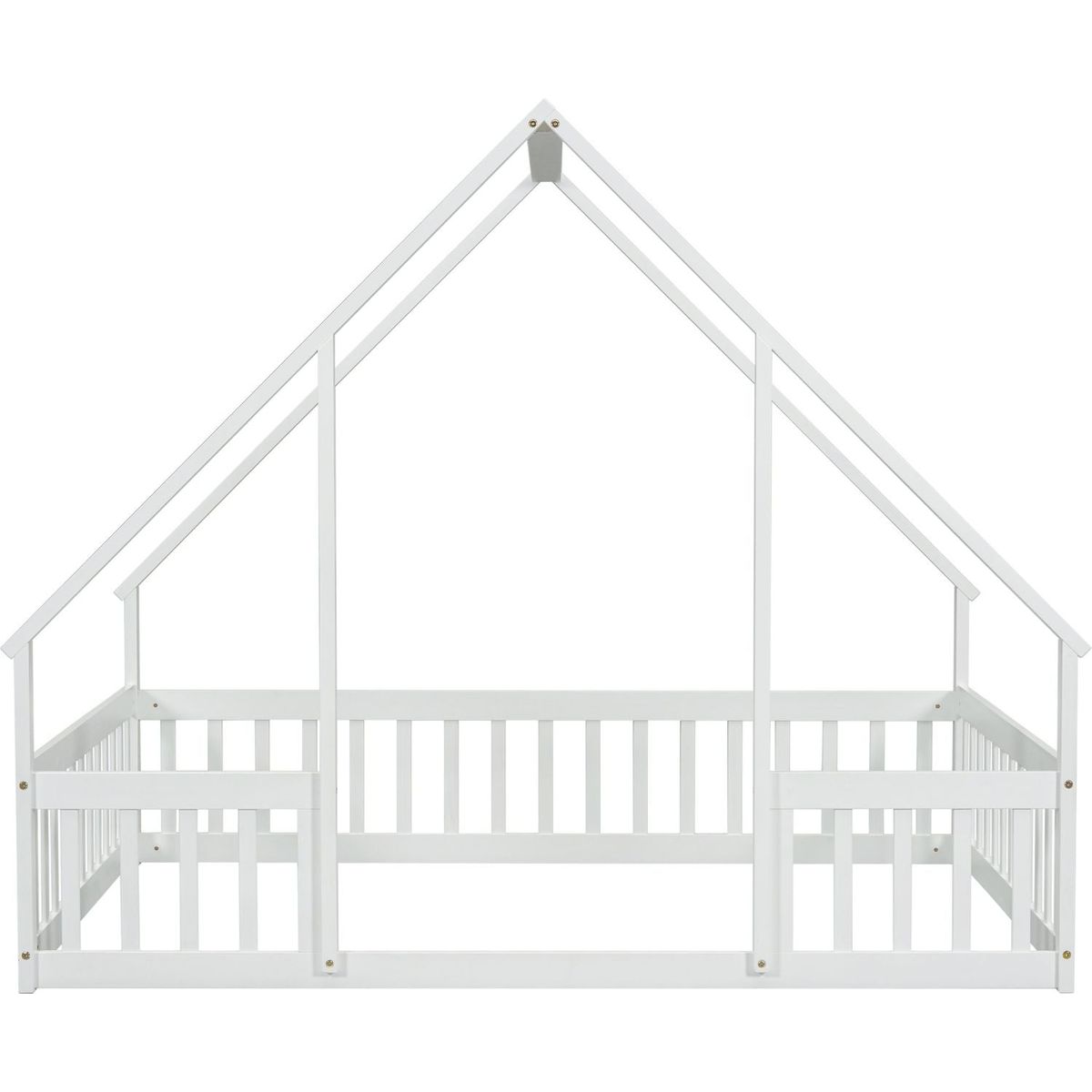 Full Wood House-Shaped Floor Bed with Fence, Guardrails,White