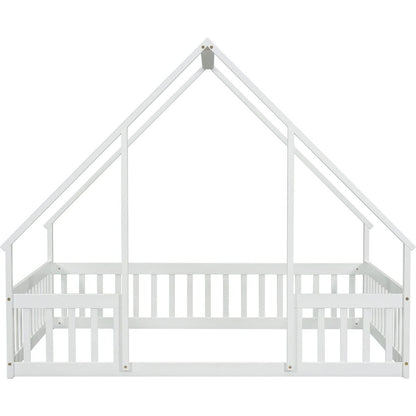 Full Wood House-Shaped Floor Bed with Fence, Guardrails,White