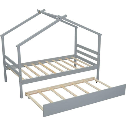 Twin Size House-shaped Bed with Trundle,Grey
