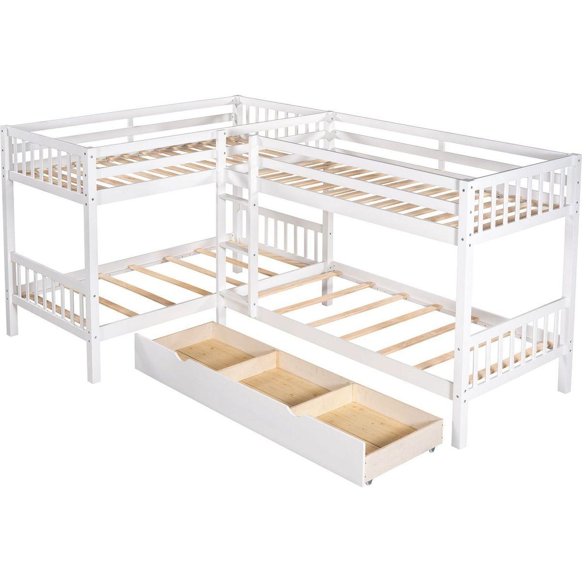 Twin L-Shaped Bunk bed with Drawers-Gray