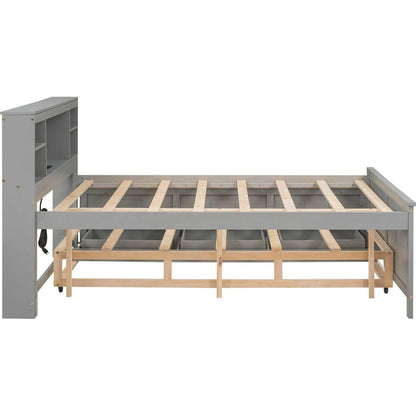 Full Size Platform Bed with Storage Headboard, USB, Twin Size Trundle and 3 Drawers, Gray