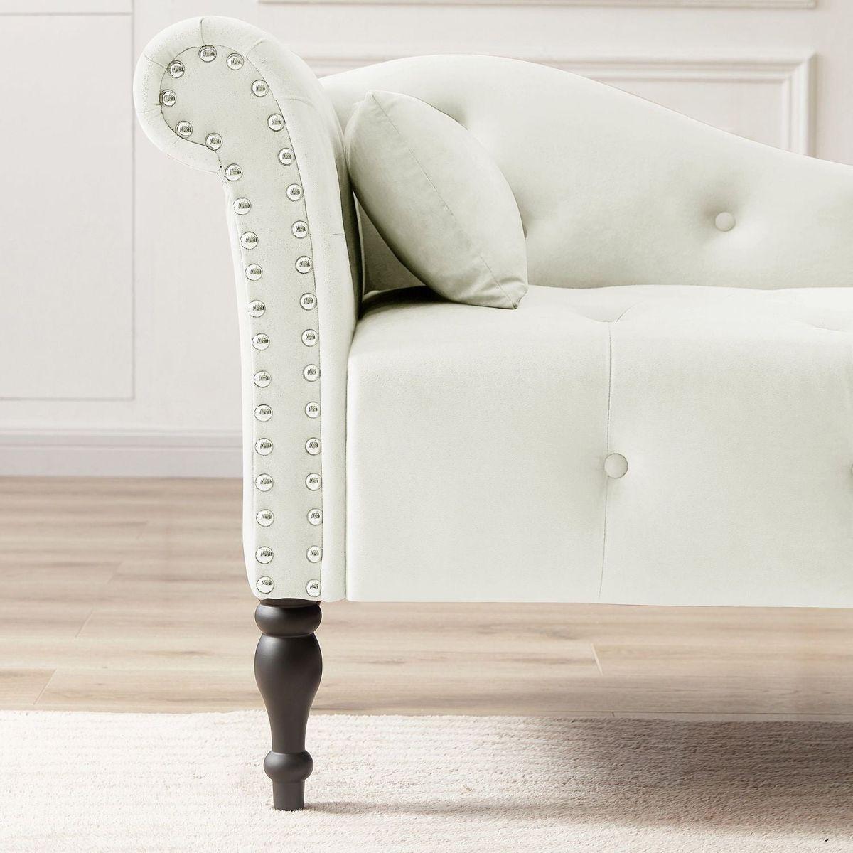 60.6" Velvet Chaise Lounge Buttons Tufted Nailhead Trimmed Solid Wood Legs with 1 Pillow,White (Left Arm Design as Shown in the Picture)