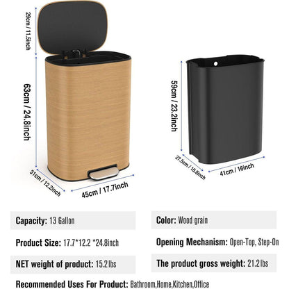 13 Gallon 50L Kitchen Foot Pedal Operated Soft Close Trash Can - Stainless Steel Ellipse Bustbin - Wood