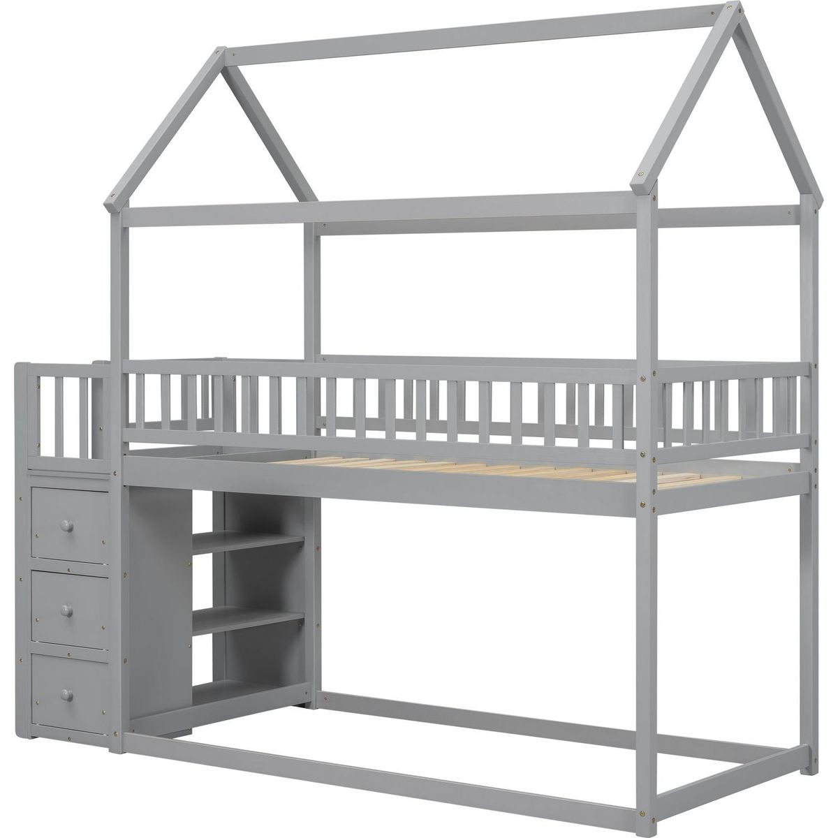 TWIN/TWIN HOUSE BUNK BED WITH SHELVES AND DRAWERS FOR GREY COLOR