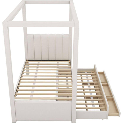 Twin Size Upholstery Canopy Platform Bed with Trundle and Three Storage Drawers, Beige