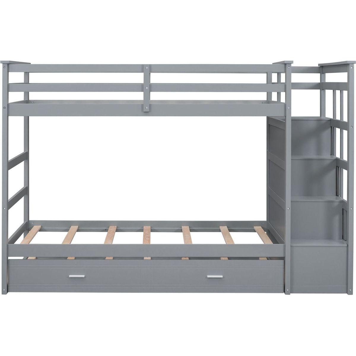 Twin Over Twin Bunk Bed with Trundle and Staircase,Gray