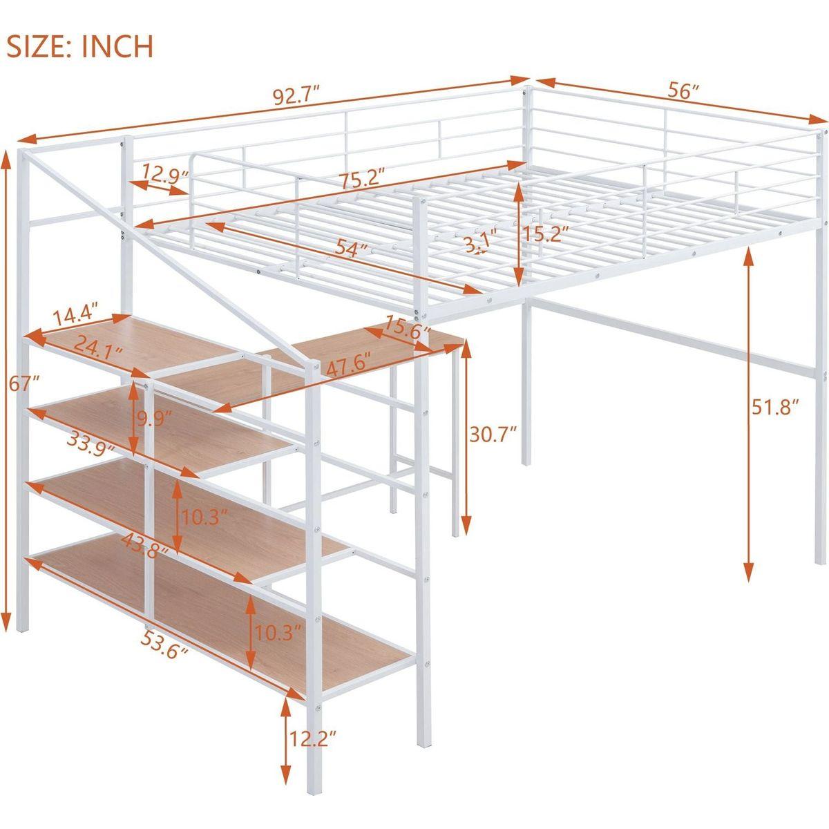 Full Size Metal Loft Bed with Desk and Lateral Storage Ladder, White