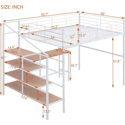Full Size Metal Loft Bed with Desk and Lateral Storage Ladder, White