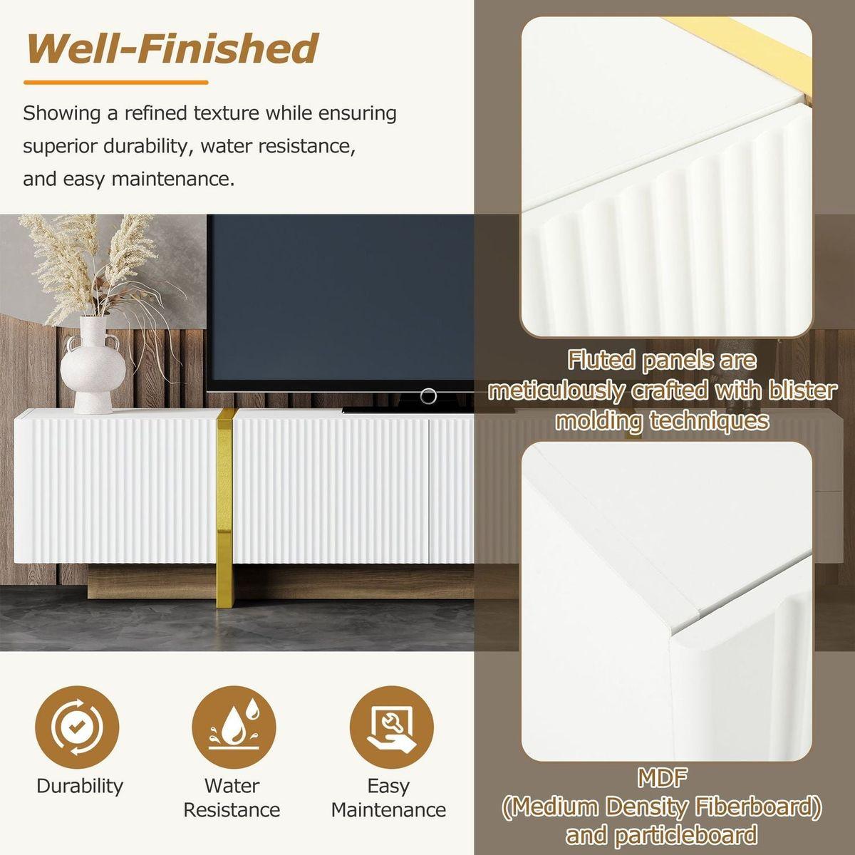 Luxury Fluted TV Stand for TVs Up to 80", Modern Entertainment Center with Storage Cabinets & Drawers, Smooth Media Console with Golden Wood Grain Legs for Living Room, White