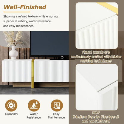 Luxury Fluted TV Stand for TVs Up to 80", Modern Entertainment Center with Storage Cabinets & Drawers, Smooth Media Console with Golden Wood Grain Legs for Living Room, White