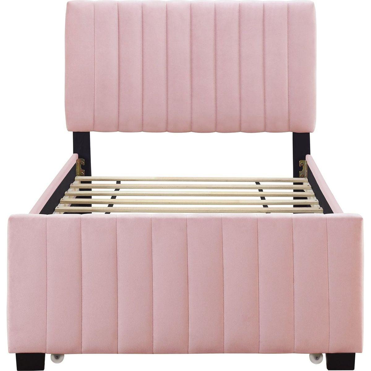 Twin Size Velvet Upholstered Platform Bed with Twin Size Trundle, Pink