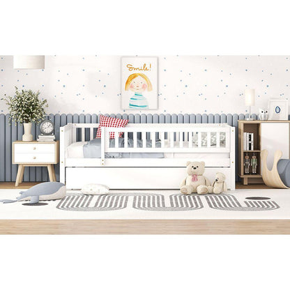Twin Size Wood Daybed with Trundle and Fence Guardrails, White