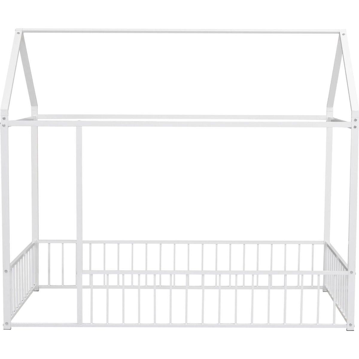Twin Size Metal Bed House Bed Frame with Fence, for Kids, Teens, Girls, Boys, White