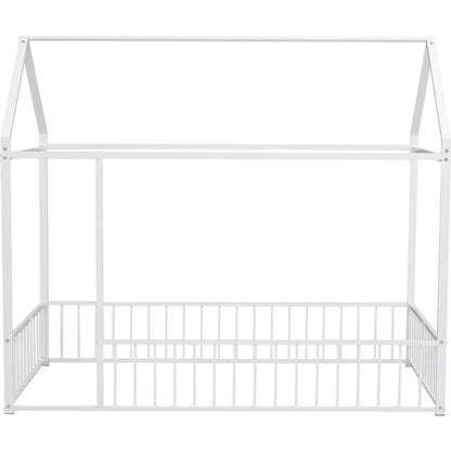 Twin Size Metal Bed House Bed Frame with Fence, for Kids, Teens, Girls, Boys, White