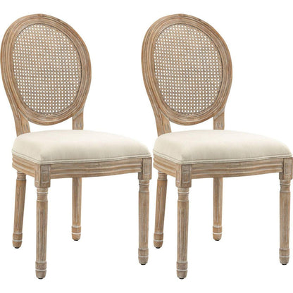 French-Style Upholstered Dining Chair Set, Armless Accent Side Chairs with Rattan Backrest and Linen-Touch Upholstery, Set of 2, Cream White