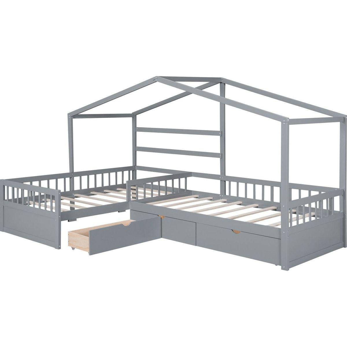 Twin Size House Platform Bed with Three Storage Drawers,Gray