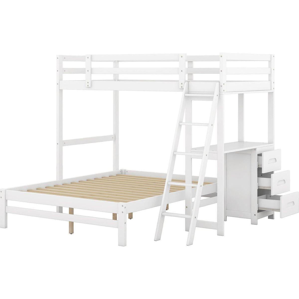 Twin over Full Bunk Bed with Built-in Desk and Three Drawers,White