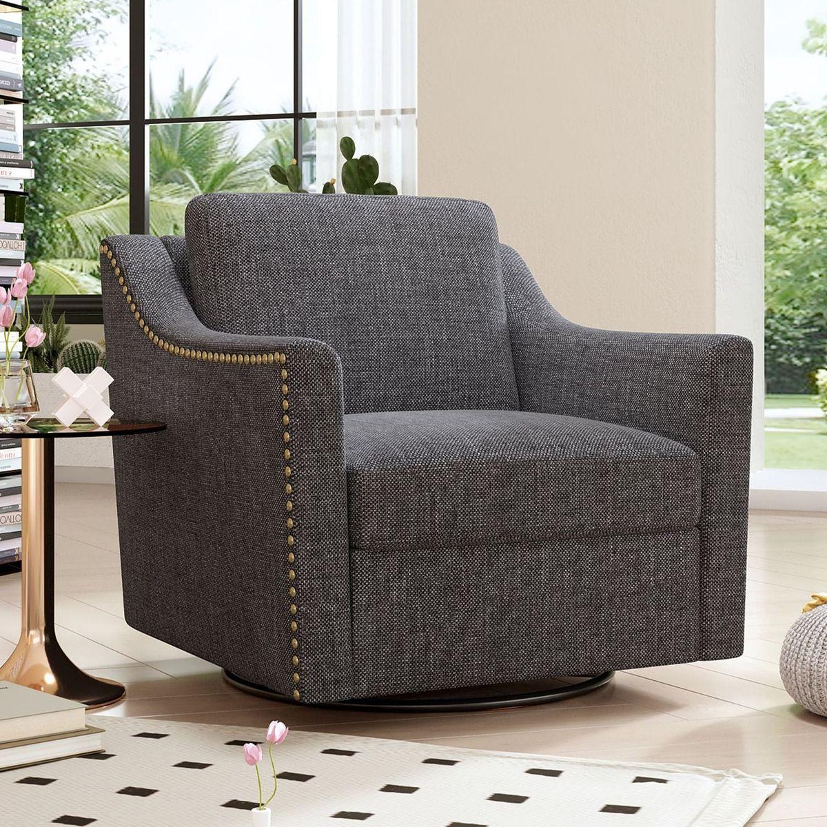 360 Degree Swivel Armchair Cotton linen skin-friendly fabric Ergonomic design Brass nail decorative armchair Living room chairs Bedroom chairs Living room chairs Black legs Suitable for indoor homes - Streamdale Furniture