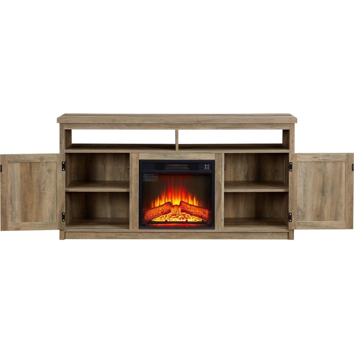 Farmhouse TV Media Stand, Large Barn Inspired Home Entertainment Console, with 18" Fireplace Insert, for TV Up to 65", with Open Shelves and Closed Cabinets, Gray Wash 57.87x15.75x30.31