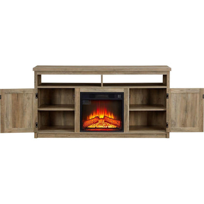 Farmhouse TV Media Stand, Large Barn Inspired Home Entertainment Console, with 18" Fireplace Insert, for TV Up to 65", with Open Shelves and Closed Cabinets, Gray Wash 57.87x15.75x30.31