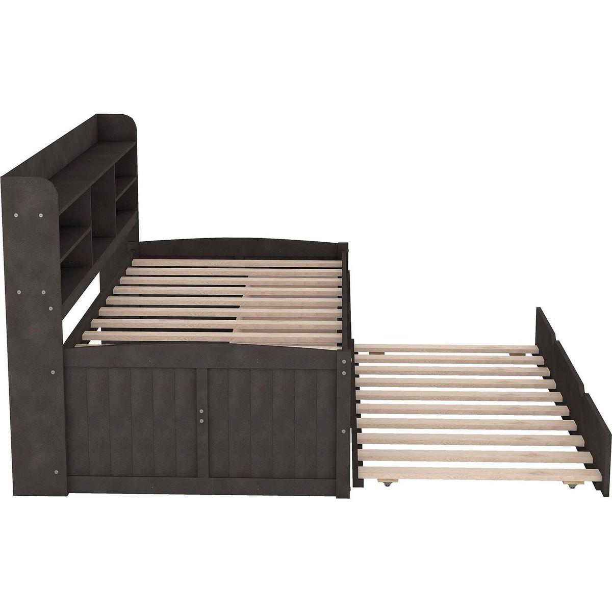 Twin Size Wooden Captain Bed with Built-in Bookshelves,Three Storage Drawers and Trundle,Antique Gray