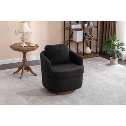 Boucle Fabric Swivel Accent Chair With Soild Wood Round Brown Base Leg,Black