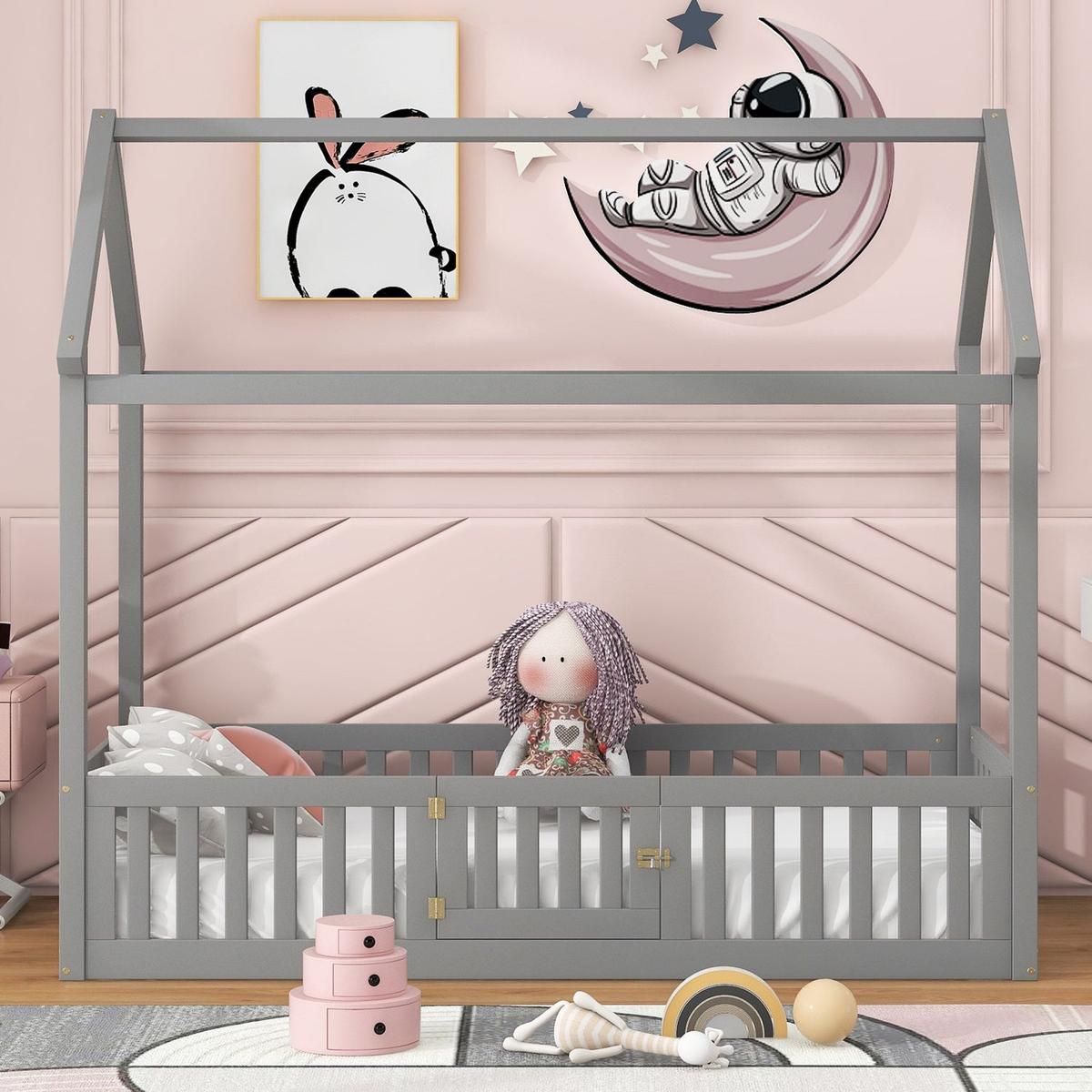 Twin Size Wood House Bed with Fence and Door, Gray